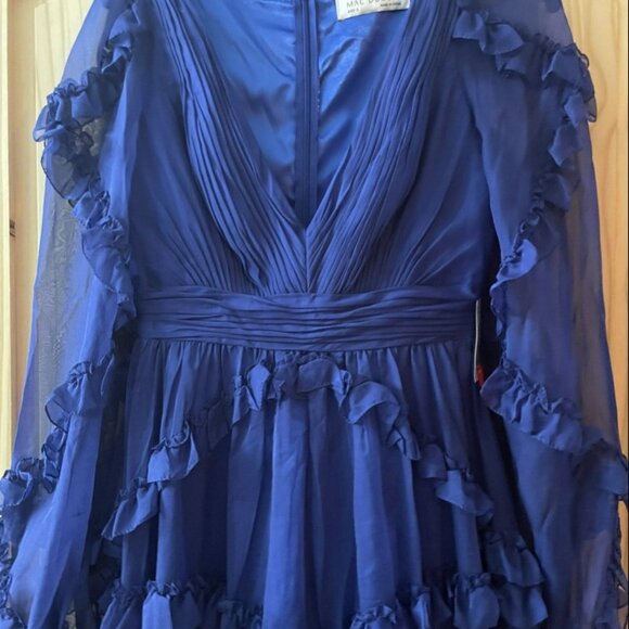 Mac Duggal Sapphire Blue Cascade Ruffle Puff Sleeve A Line Gown Size 2 / 4 - Picture 6 of 7